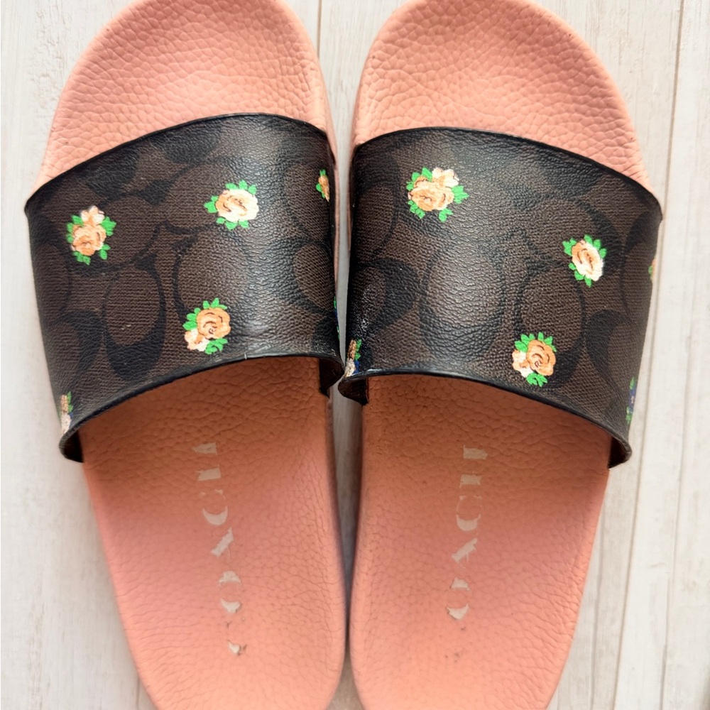 Coach Pink and Brown Floral Slides